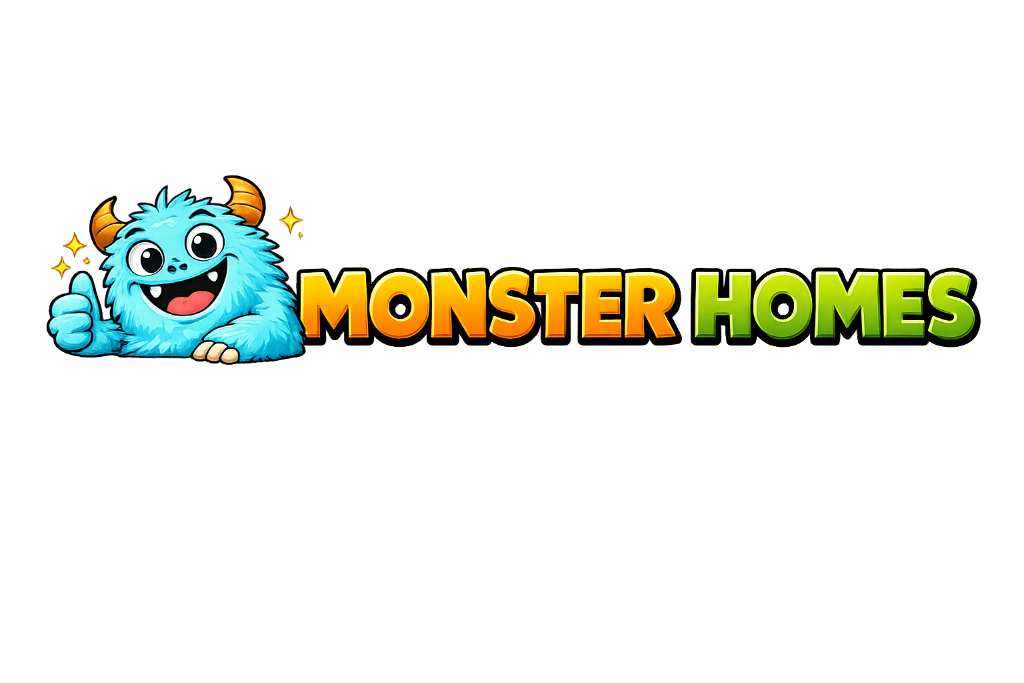 Monster Homes logo - cartoon blue monster giving a thumbs up